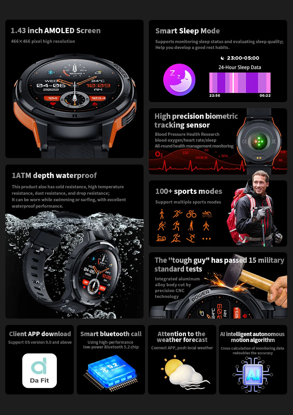 Fashion Waterproof Outdoor Military Sports Smartwatch - FitnesWatches