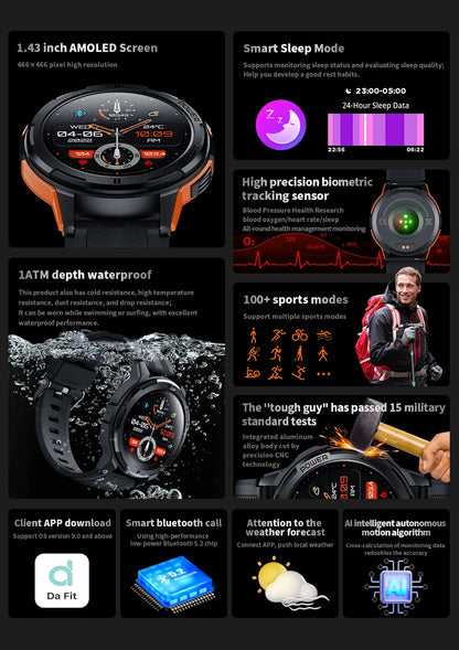 Fashion Waterproof Outdoor Military Sports Smartwatch - FitnesWatches